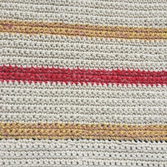 Hand Crocheted Square Cream Yellow Red Green Striped Mat Rug - Picture 12 of 16